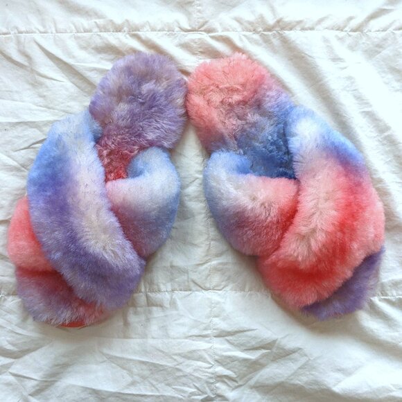 EMU Australia Pink Purple Sheepskin Fluffy Slides Slippers Size W8 M7 - Picture 1 of 7